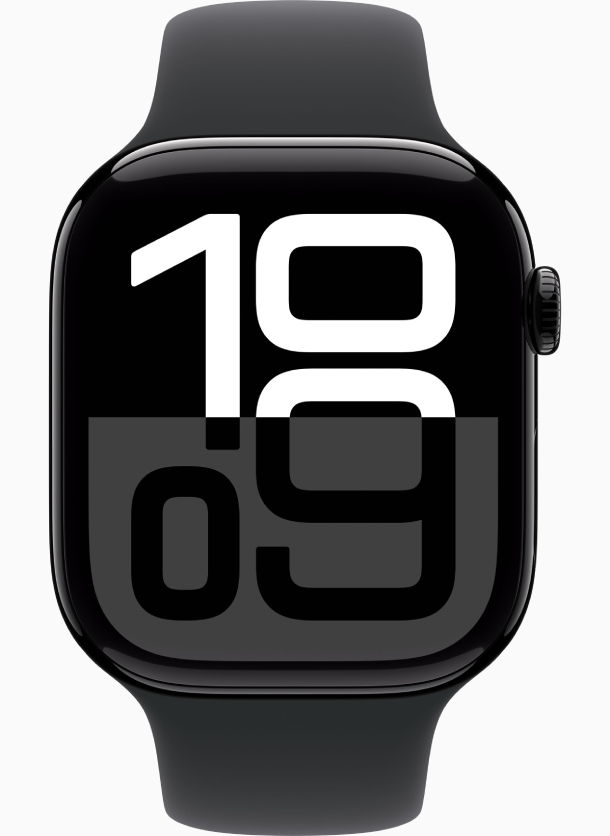 Apple Watch Series 10 GPS 46 мм, корпус из алюминия цвета «чёрный глянец», спортивный ремешок черного цвета M/L (MWWQ3)
